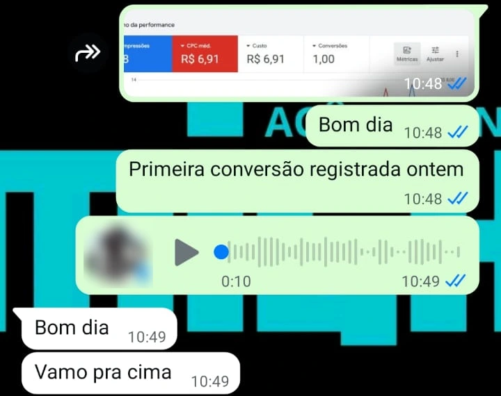 Conversa original: Primeira conversão registrada ontem. Resposta do cliente: Bom dia. Vamo pra cima.